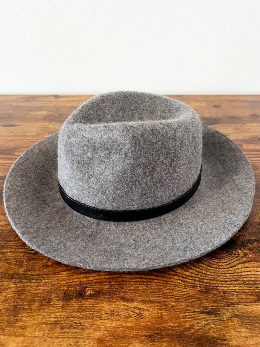 Women's Gray Wool Felt Fedora Hat with Black Faux Leather Band Boho